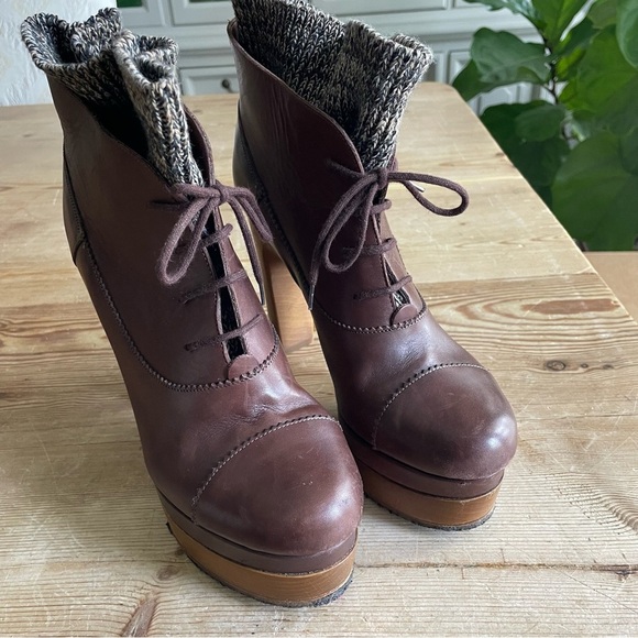 CHLOÉ Brown Leather Lace Up Ankle Platform Boot Knit Top Booties Size 39 US 8.5 - Picture 9 of 16